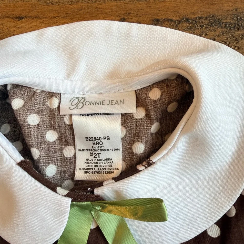 Bonnie Jean Girls 2T Brown Green Polka Dot Horse Applique Peter Pan Collar Dress